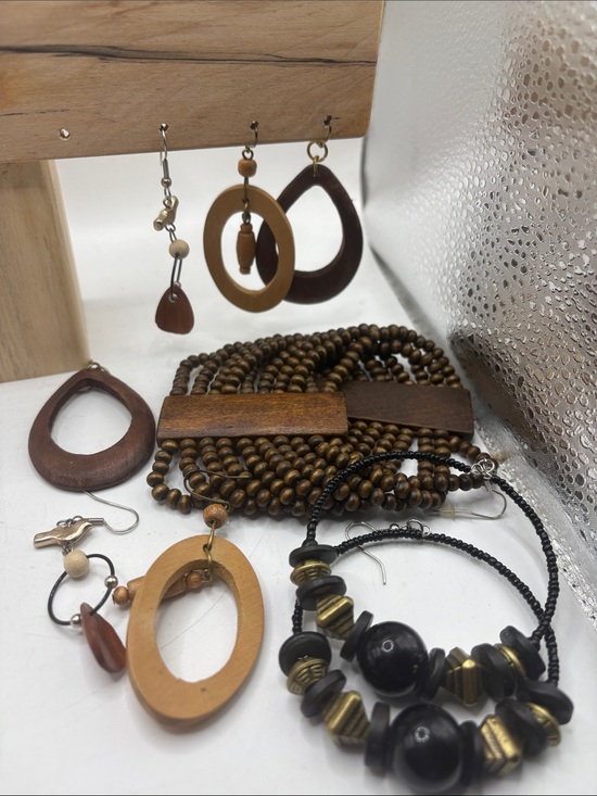 Jewelry - Bohemian Wood Beaded Bracelet and  Earrings